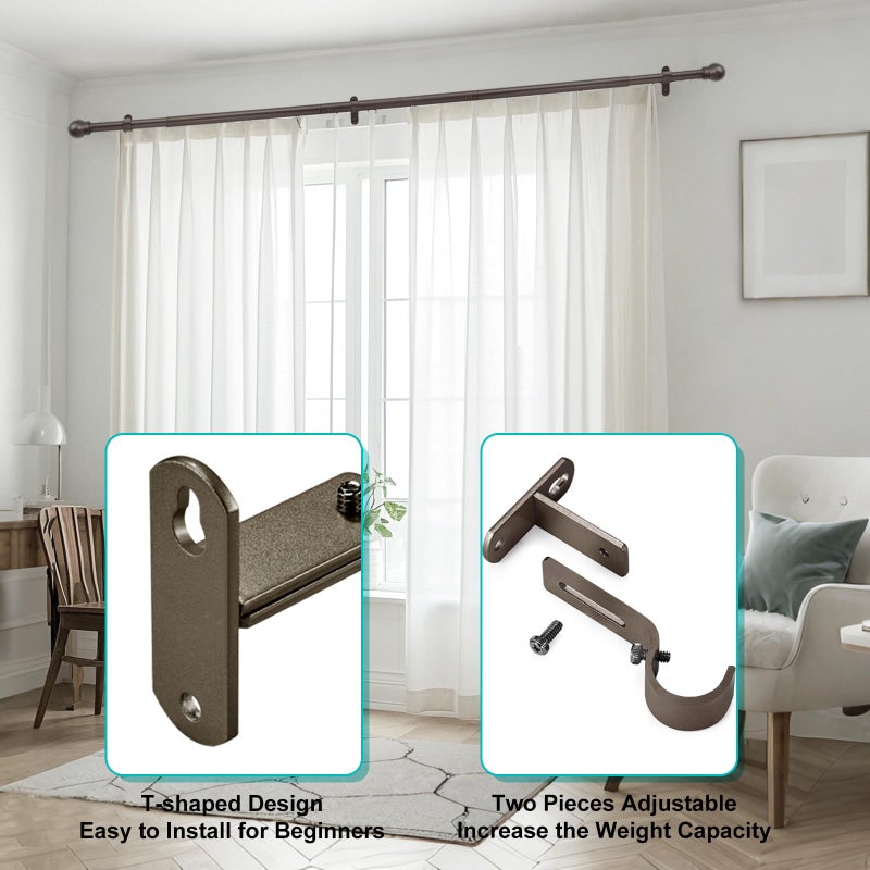 AMZSEVEN Adjustable Curtain Rod Brackets, Metal Window Drapery Rod Hanger Holders Hooks for 1 inch Rods (Brown, Set of 3) - Image 5