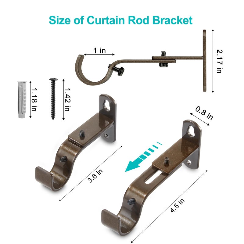 AMZSEVEN Adjustable Curtain Rod Brackets, Metal Window Drapery Rod Hanger Holders Hooks for 1 inch Rods (Brown, Set of 3) - Image 3