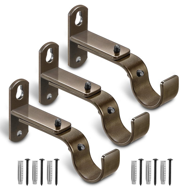AMZSEVEN Adjustable Curtain Rod Brackets, Metal Window Drapery Rod Hanger Holders Hooks for 1 inch Rods (Brown, Set of 3) - Image 1