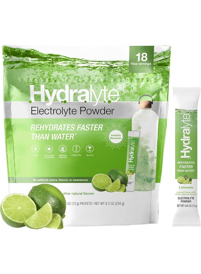 Hydralyte Low Sugar Rapid Rehydration - Lightly Sparkling Electrolyte Powder Packets, 16 oz Serve | Limeade Hydration Packets | Hydration for Heat, Travel Essential - Workout Essential (18 Count) - Image 1