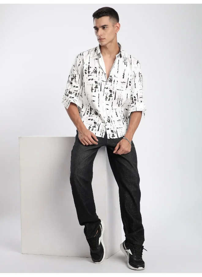 Beyoung Black And White Abstract Brush Stroke Printed Shirt