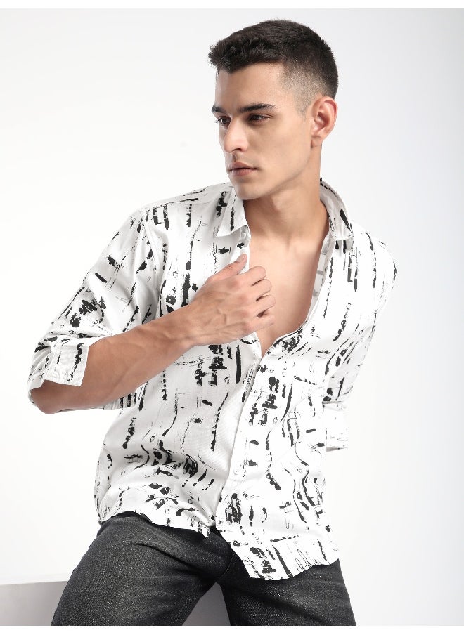 Beyoung Black And White Abstract Brush Stroke Printed Shirt  - Image 5