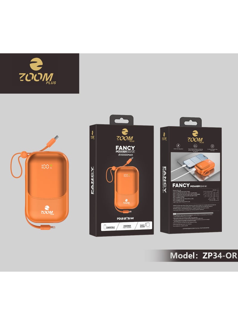 ZOOM PLUS Fancy Power Bank 20000mAh PD 22.5W Fast Charging, Built-in Cable, Digital Display, Compact Portable Charger for iPhone, Android & USB-C Devices – Model ZP34-B - Image 1