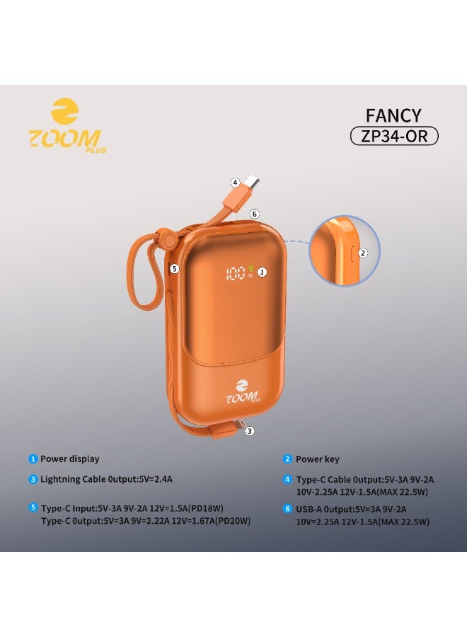 ZOOM PLUS Fancy Power Bank 20000mAh PD 22.5W Fast Charging, Built-in Cable, Digital Display, Compact Portable Charger for iPhone, Android & USB-C Devices – Model ZP34-B - Image 3