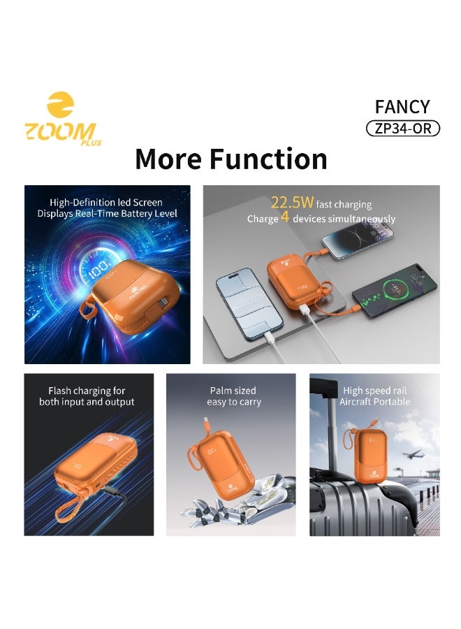 ZOOM PLUS Fancy Power Bank 20000mAh PD 22.5W Fast Charging, Built-in Cable, Digital Display, Compact Portable Charger for iPhone, Android & USB-C Devices – Model ZP34-B - Image 2