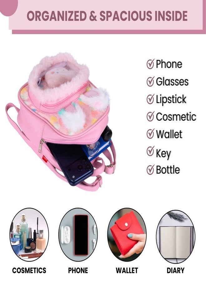 LSARIMO Cute Plush Cartoon Kids Mini Backpack with Soft Fur Pocket Lightweight School Bag for Toddlers & Preschool Kids - Adjustable Shoulder Straps, Zipper Closure, Small Travel & Picnic Bag (Pink) - Image 4
