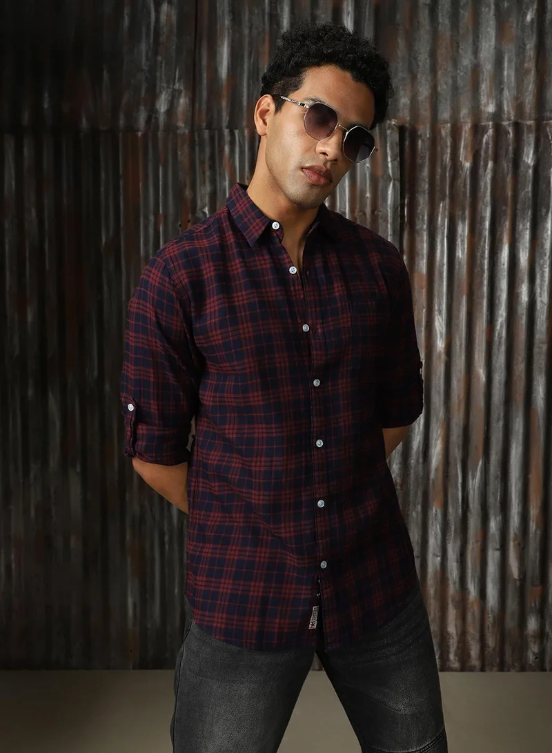 HIGH STAR Men's Multicoloured 100% Cotton Checkered Button Down Shirt