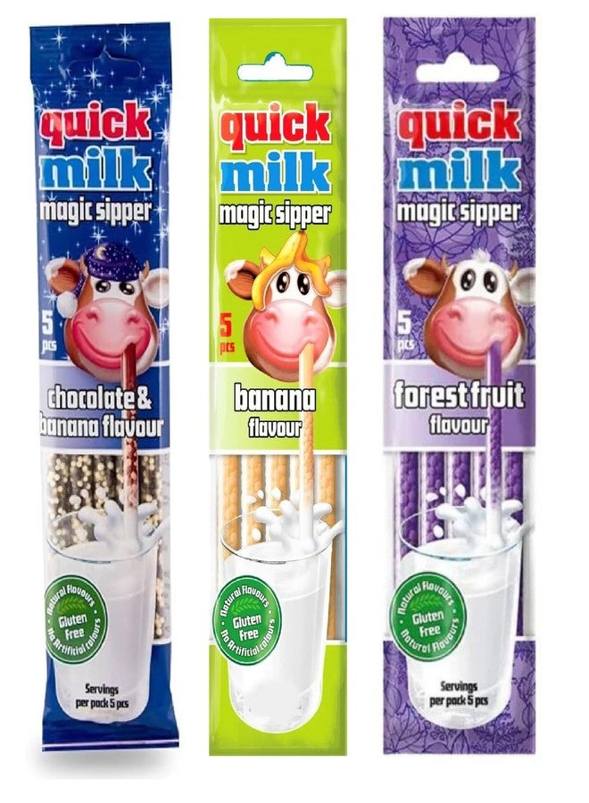 Quick Milk Magic Sipper Straws, Gluten Free (Banana, Chocolate & Banana, Forest Fruit Flavour)-Pack of 3, (3 x 30g) | Imported | Magic Sipper