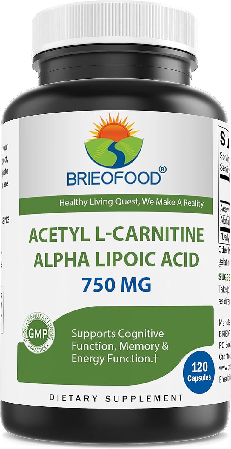 Brieofood Acetyl LCarnitine Alpha Lipoic Acid ALA ALC 750 mg 120 Capsules - Image 1