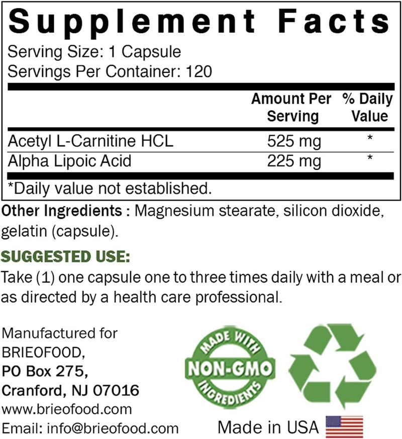 Brieofood Acetyl LCarnitine Alpha Lipoic Acid ALA ALC 750 mg 120 Capsules - Image 2