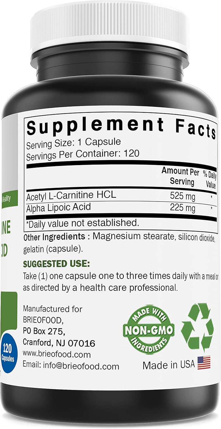 Brieofood Acetyl LCarnitine Alpha Lipoic Acid ALA ALC 750 mg 120 Capsules - Image 3