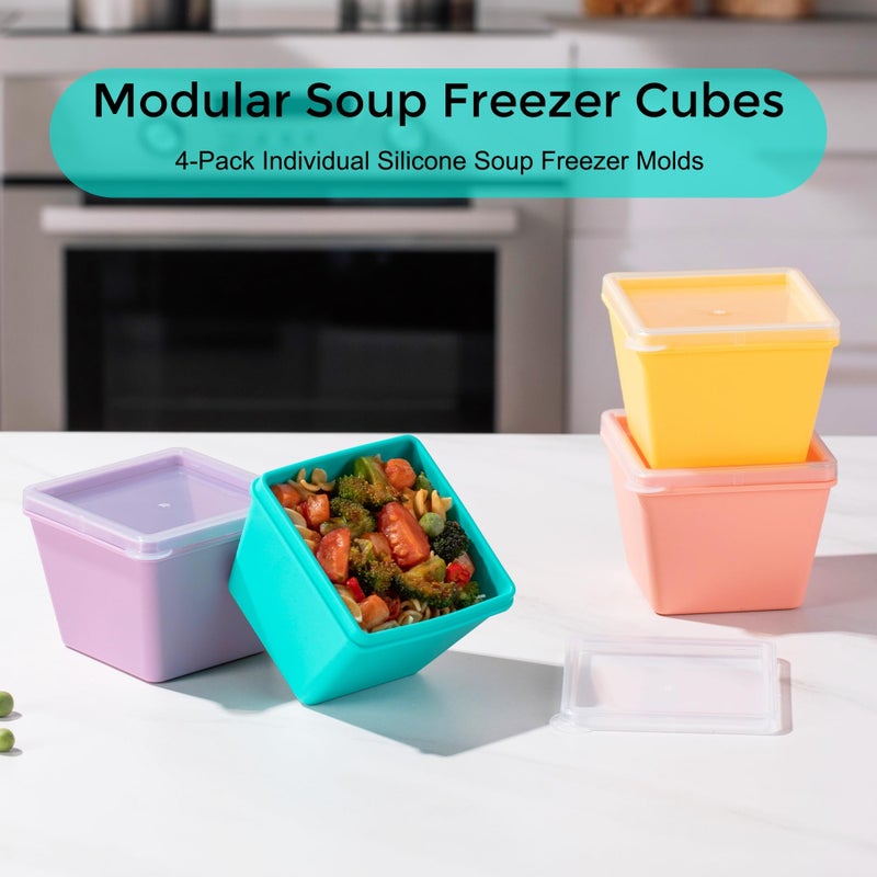 Gemice 1-Cup Silicone Freezer Molds with Lids, Individual 4-Pack Portion Soup Cubes Freezer Trays for Food Storage, Oven & Dishwasher Safe, BPA-Free, Silicone Freezer Containers for Meal Prep - Image 3