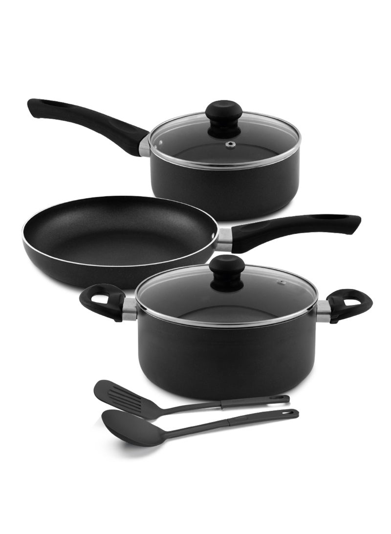 DELICI Nonstick Cookware Set 7 Pcs (NCS7G) | 10X Tougher Coating | Quick & Even Heat Distribution | Suitable for Hot Plate, Halogen, Ceramic, Gas | 24cm Casserole with Lid, 18cm Saucepan with Lid, 24cm Frypan and 2 Nylon Spatulas  - Image 1