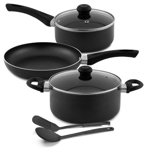 Nonstick Cookware Set 7 Pcs (NCS7G) | 10X Tougher Coating | Quick & Even Heat Distribution | Suitable for Hot Plate, Halogen, Ceramic, Gas | 24cm Casserole with Lid, 18cm Saucepan with Lid, 24cm Frypan and 2 Nylon Spatulas