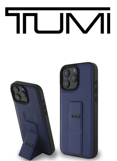 iPhone 16 Pro Max Case, and has an adjustable grip that can be used as a stand, in a French design in a Leather Blue Navy color with an original logo approved by the global brand TUMI. From CG Mobile.
