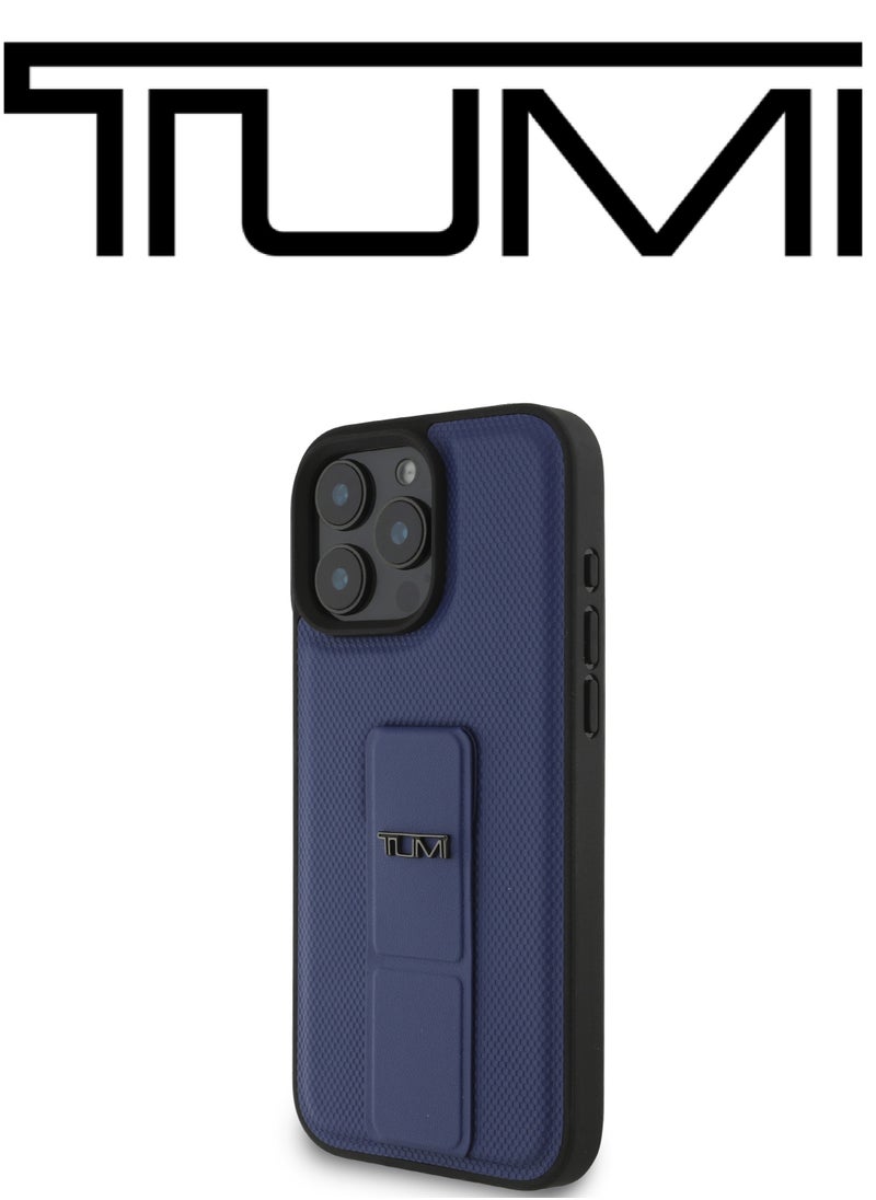 CG MOBILE - iPhone 16 Pro Max Case, and has an adjustable grip that can be used as a stand, in a French design in a Leather Blue Navy color with an original logo approved by the global brand TUMI. From CG Mobile. - Image 1