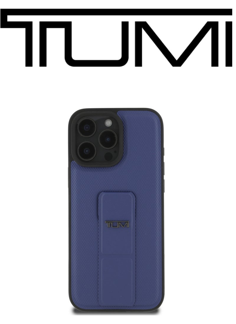 CG MOBILE - iPhone 16 Pro Max Case, and has an adjustable grip that can be used as a stand, in a French design in a Leather Blue Navy color with an original logo approved by the global brand TUMI. From CG Mobile. - Image 1