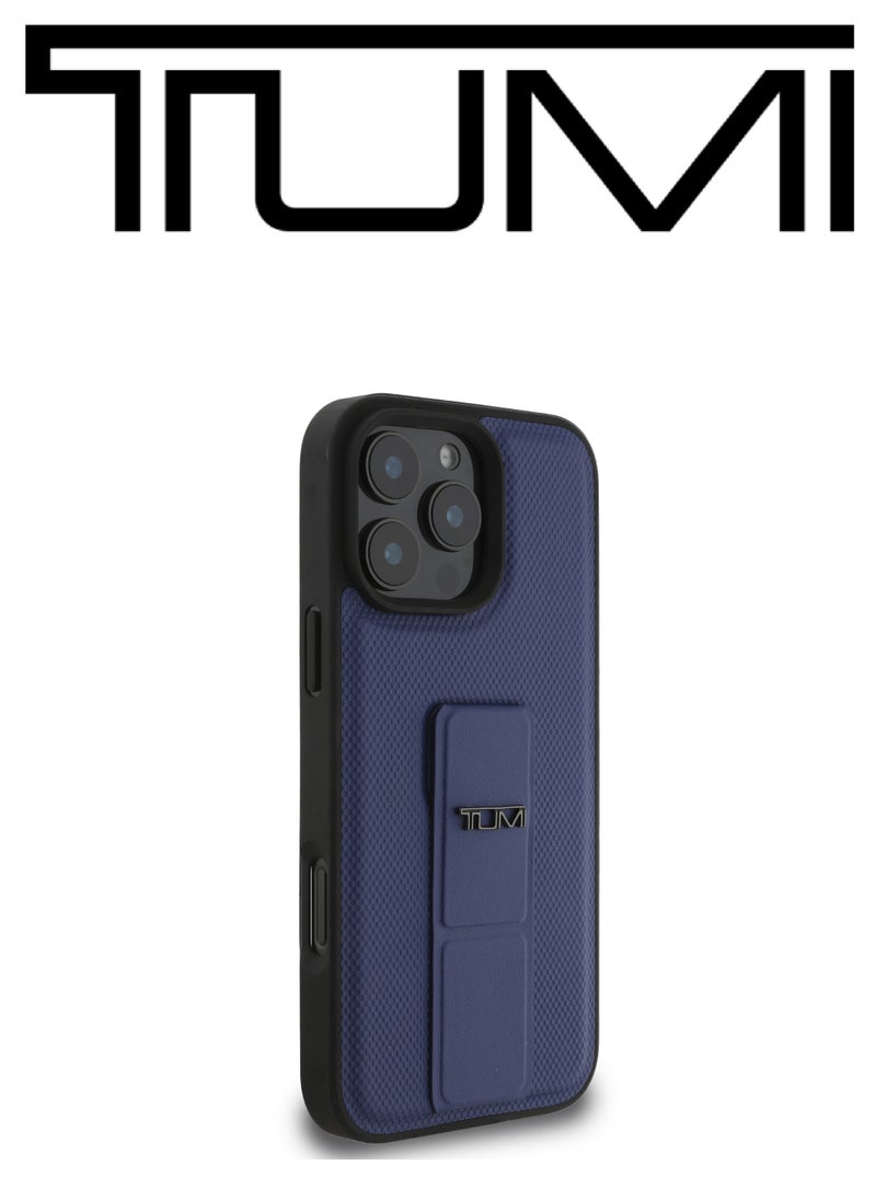 CG MOBILE - iPhone 16 Pro Max Case, and has an adjustable grip that can be used as a stand, in a French design in a Leather Blue Navy color with an original logo approved by the global brand TUMI. From CG Mobile. - Image 1