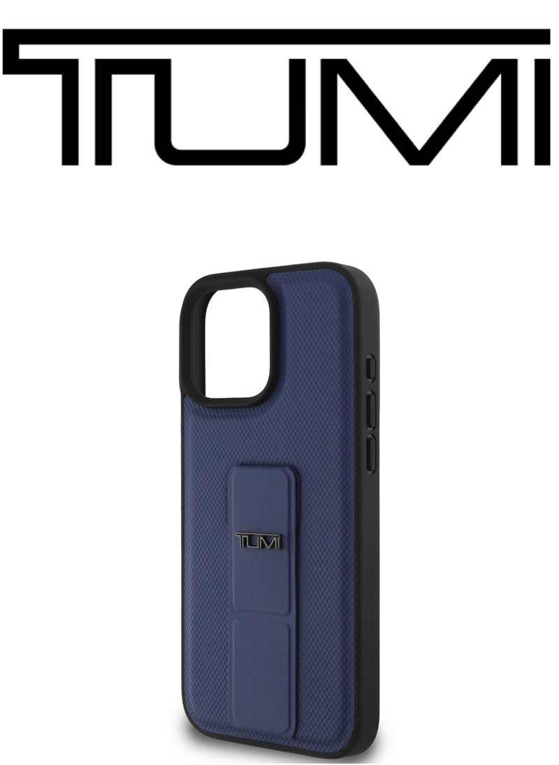 CG MOBILE - iPhone 16 Pro Max Case, and has an adjustable grip that can be used as a stand, in a French design in a Leather Blue Navy color with an original logo approved by the global brand TUMI. From CG Mobile. - Image 1