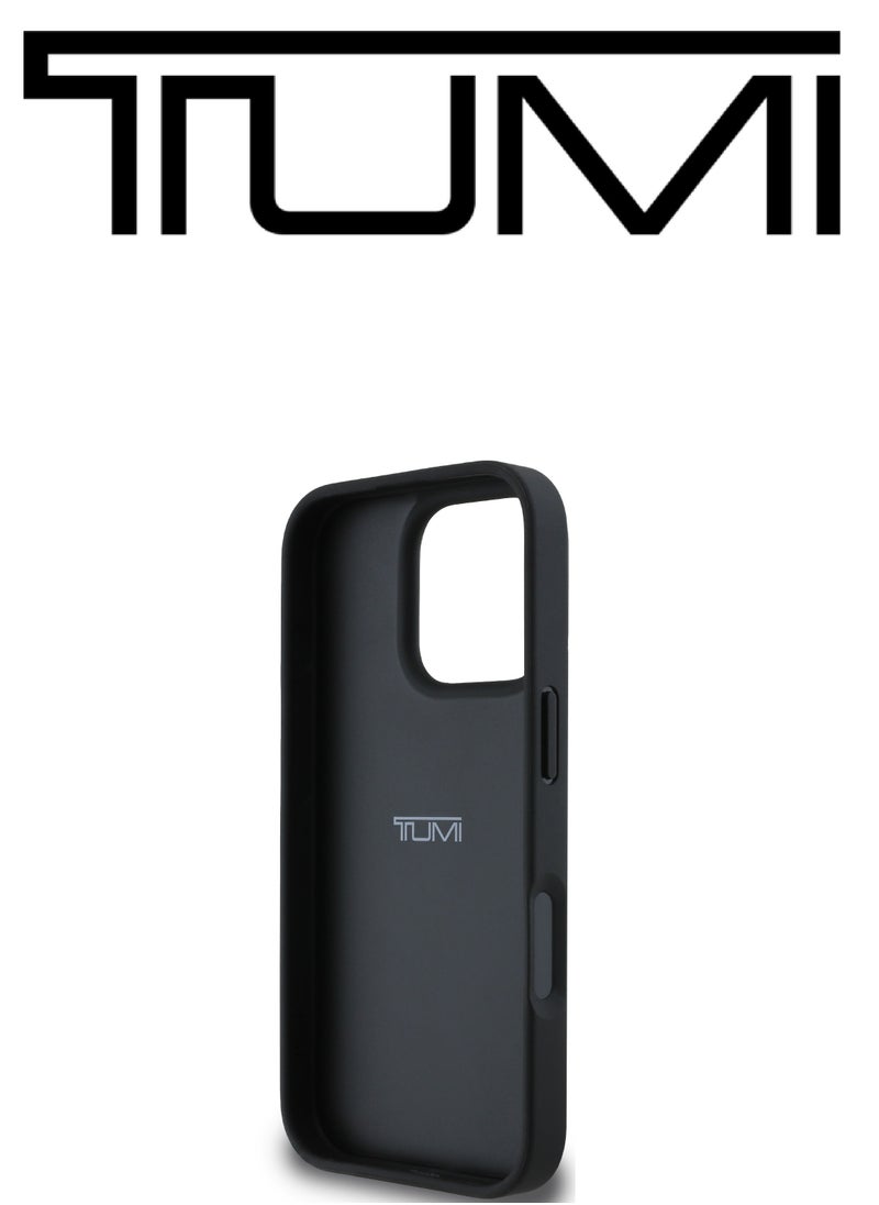 CG MOBILE - iPhone 16 Pro Max Case, and has an adjustable grip that can be used as a stand, in a French design in a Leather Blue Navy color with an original logo approved by the global brand TUMI. From CG Mobile. - Image 1