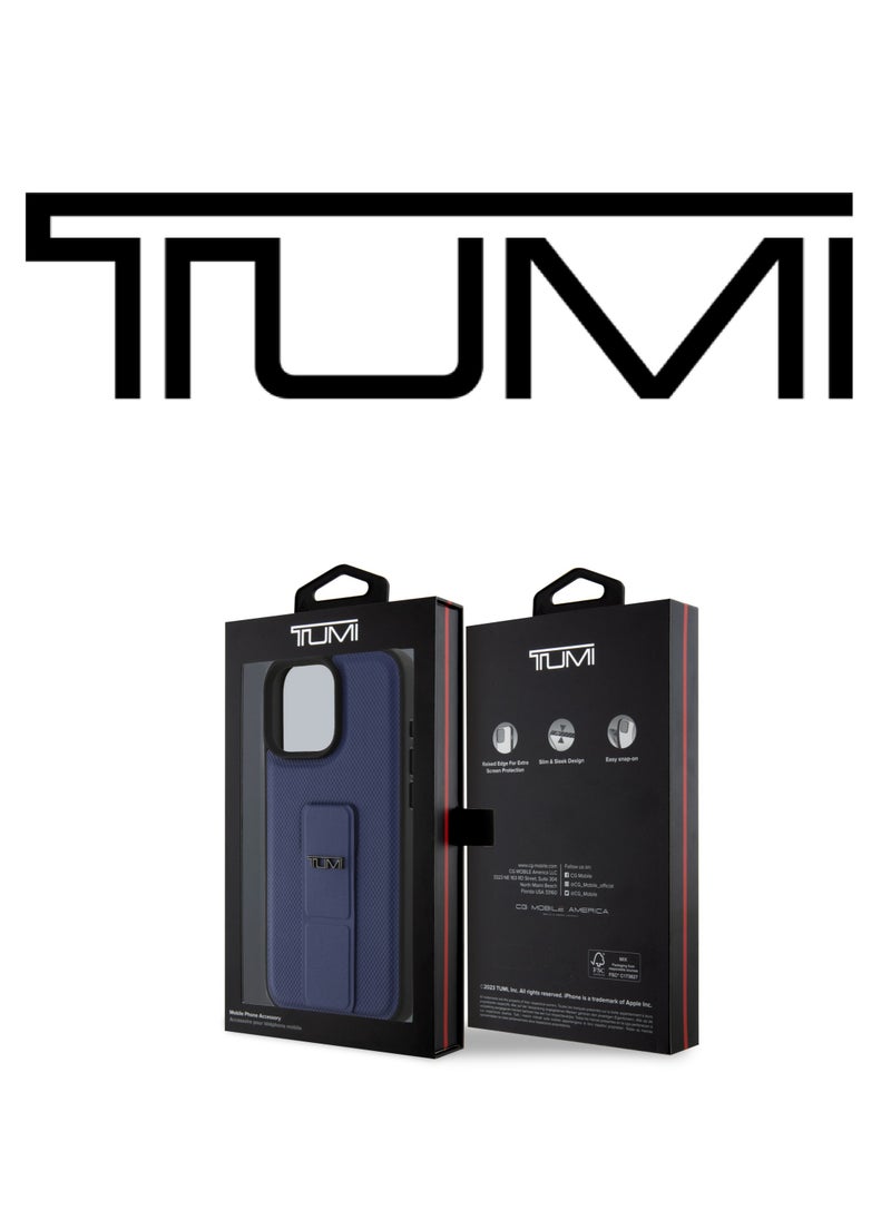 CG MOBILE - iPhone 16 Pro Max Case, and has an adjustable grip that can be used as a stand, in a French design in a Leather Blue Navy color with an original logo approved by the global brand TUMI. From CG Mobile. - Image 1