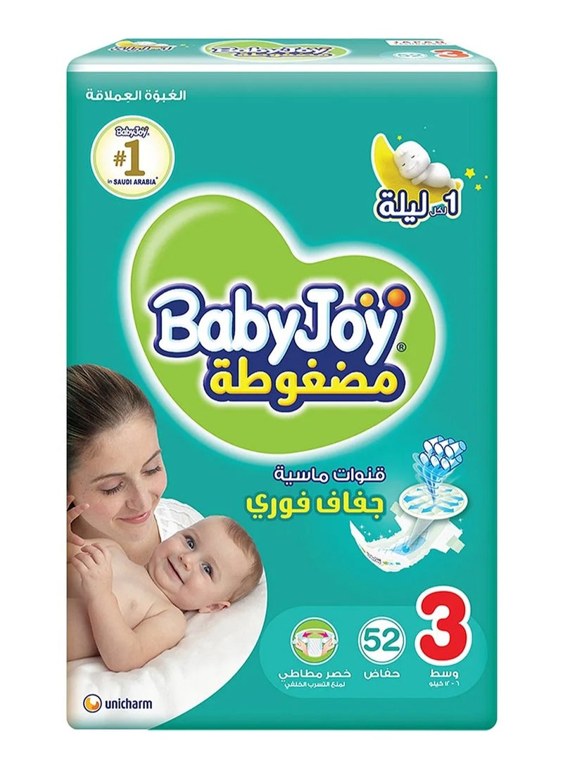BabyJoy Compressed Diamond Pad Tape Style Diapers, 52 Pieces, Size 3 Medium, 6 to 12kg - 12Hrs Leakage Protection, Cottony Soft, Waist Stretch, Breathable