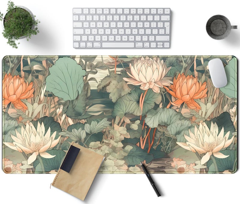TENG DA QING Light Emerald and Orange Floral Desk Mat, XXL Large Extended Mouse Pad Gaming Desk Pad, Aesthetic Asian Lotus Flower Big Laptop Keyboard and Mouse Mat for Women Desktop Office Decor 31.5x15.7 in - Image 1