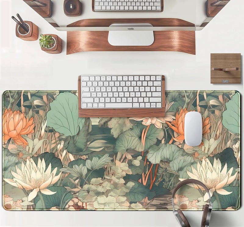 TENG DA QING Light Emerald and Orange Floral Desk Mat, XXL Large Extended Mouse Pad Gaming Desk Pad, Aesthetic Asian Lotus Flower Big Laptop Keyboard and Mouse Mat for Women Desktop Office Decor 31.5x15.7 in - Image 4