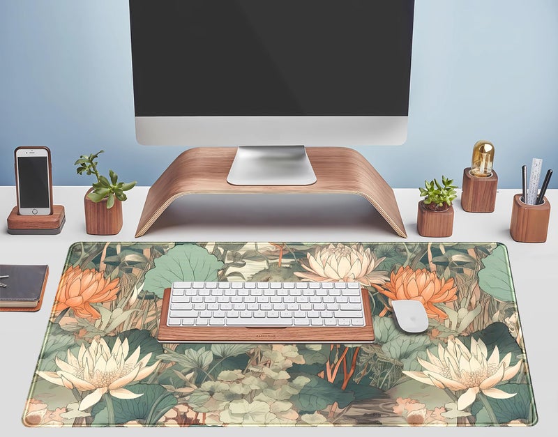 TENG DA QING Light Emerald and Orange Floral Desk Mat, XXL Large Extended Mouse Pad Gaming Desk Pad, Aesthetic Asian Lotus Flower Big Laptop Keyboard and Mouse Mat for Women Desktop Office Decor 31.5x15.7 in - Image 5
