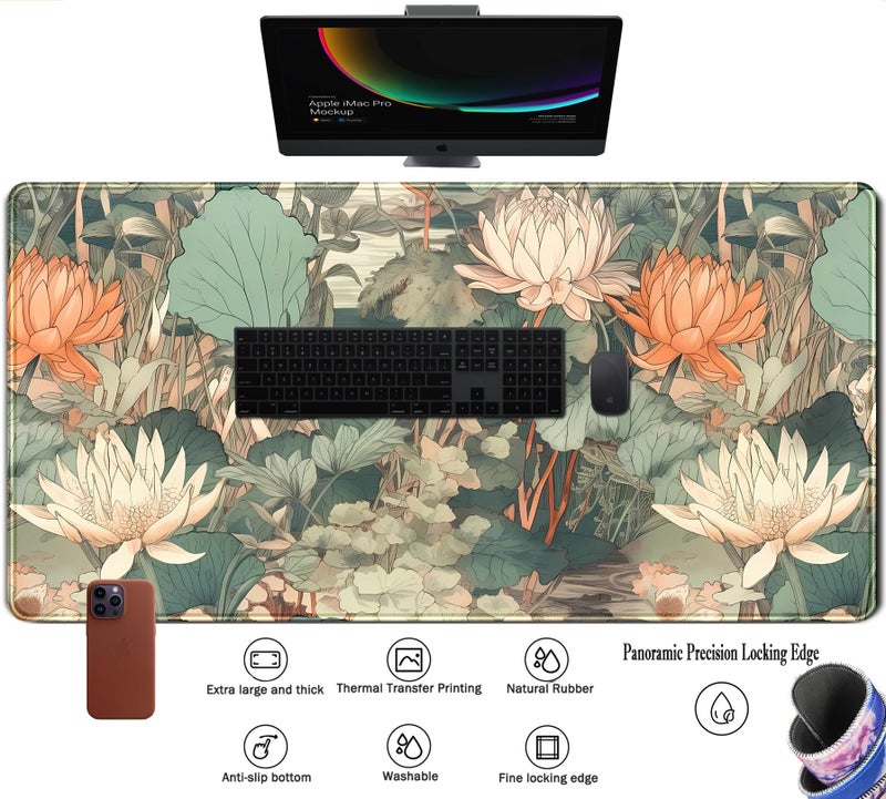 TENG DA QING Light Emerald and Orange Floral Desk Mat, XXL Large Extended Mouse Pad Gaming Desk Pad, Aesthetic Asian Lotus Flower Big Laptop Keyboard and Mouse Mat for Women Desktop Office Decor 31.5x15.7 in - Image 3