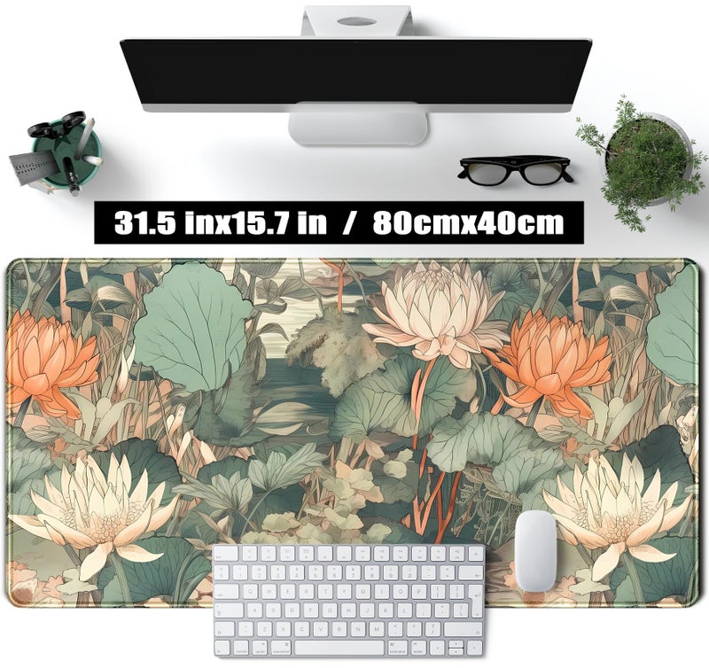 TENG DA QING Light Emerald and Orange Floral Desk Mat, XXL Large Extended Mouse Pad Gaming Desk Pad, Aesthetic Asian Lotus Flower Big Laptop Keyboard and Mouse Mat for Women Desktop Office Decor 31.5x15.7 in - Image 2