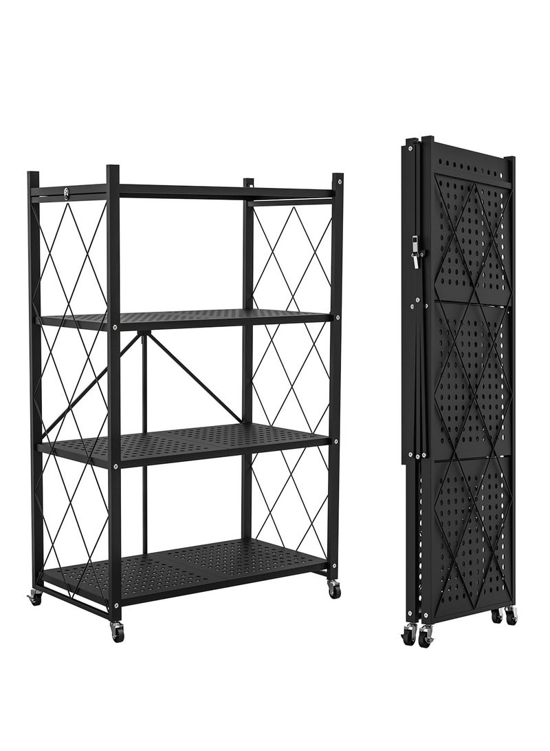 4-Tier Foldable Storage Shelf with Wheels - Metal Rolling Cart for  Kitchen Storage Shelves, Pantry & Closet Organizer (Black)  - Image 1