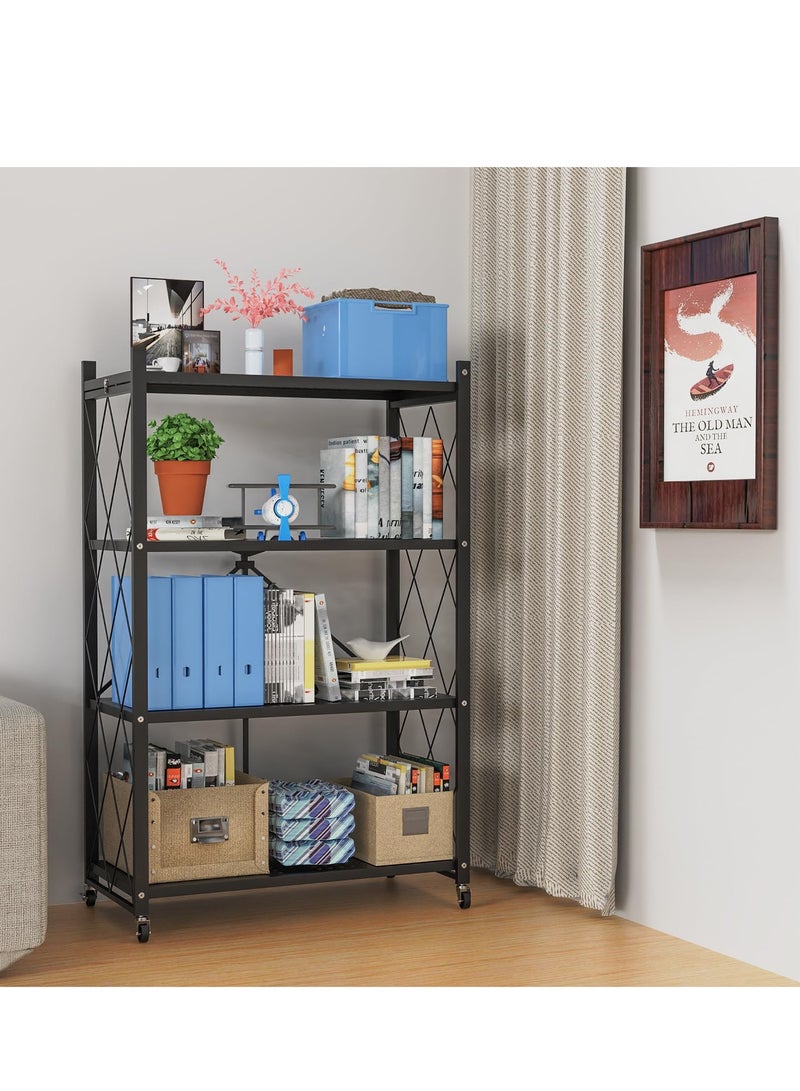 4-Tier Foldable Storage Shelf with Wheels - Metal Rolling Cart for  Kitchen Storage Shelves, Pantry & Closet Organizer (Black)  - Image 2