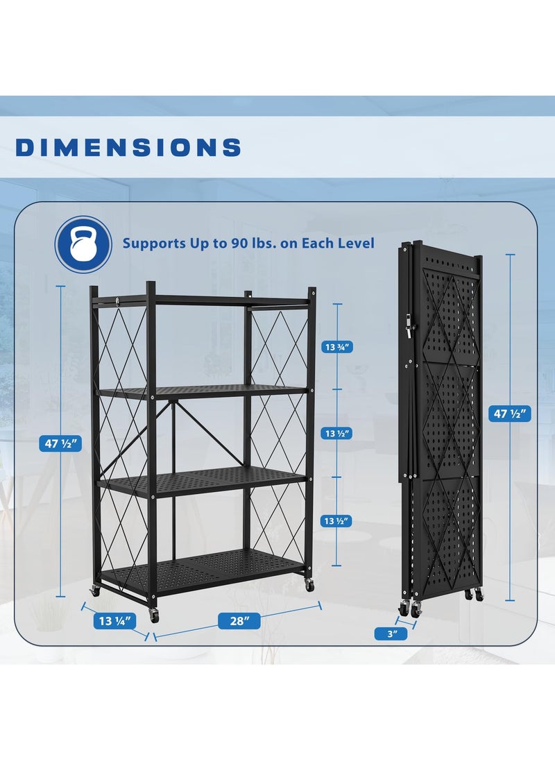 4-Tier Foldable Storage Shelf with Wheels - Metal Rolling Cart for  Kitchen Storage Shelves, Pantry & Closet Organizer (Black)  - Image 3