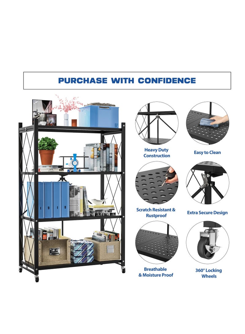 4-Tier Foldable Storage Shelf with Wheels - Metal Rolling Cart for  Kitchen Storage Shelves, Pantry & Closet Organizer (Black)  - Image 4