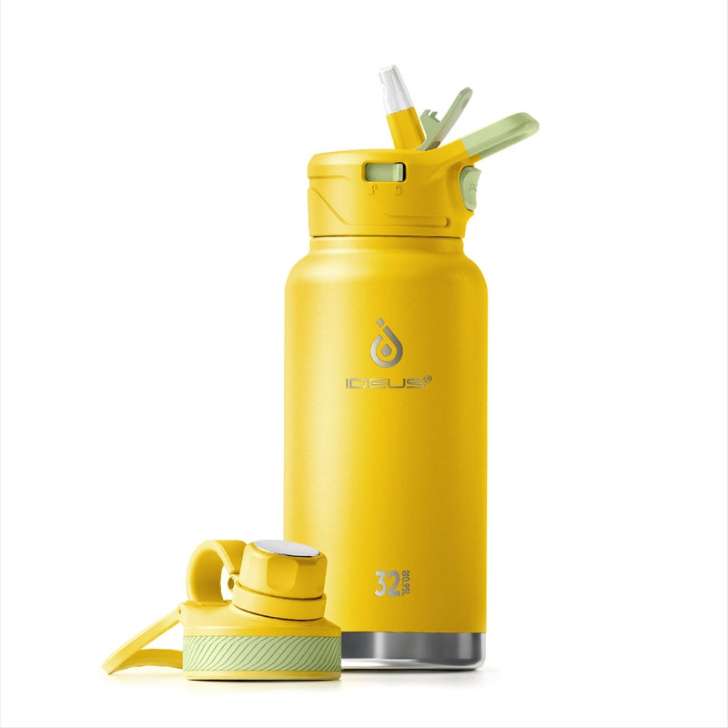 IDEUS Insulated Water Bottle with Straw 32 oz 950 ml with 2 LeakProof Wide Mouth Lids Stainless Steel Water Bottles Keeps Hot  Cold Great for Hiking  Biking Bright Yellow