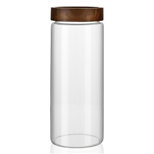 MOLADRI 50 fl oz/1500 ml Clear Glass Storage Canister with Airtight Wooden Screw Lid, Large Tall Cute Decorative Glass Food Container Jar for Coffee, Candy, Cereal, Cookie, Pasta, Flour, Juices - Image 1