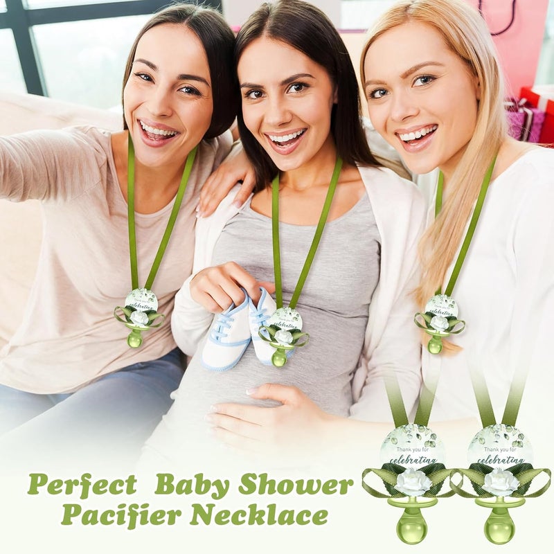 Coume 36 Pcs Sage Green Baby Shower Favors Acrylic Pacifier Necklace Thank You Gift Bulk with Cards for Guests Prizes Baby Shower Games Favors - Image 5