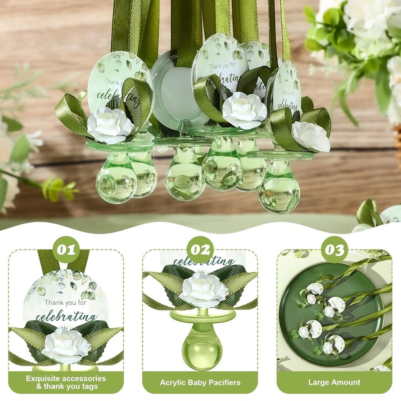 Coume 36 Pcs Sage Green Baby Shower Favors Acrylic Pacifier Necklace Thank You Gift Bulk with Cards for Guests Prizes Baby Shower Games Favors - Image 4