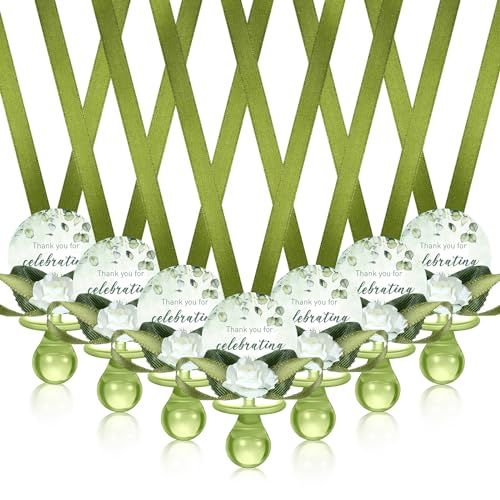 Coume 36 Pcs Sage Green Baby Shower Favors Acrylic Pacifier Necklace Thank You Gift Bulk with Cards for Guests Prizes Baby Shower Games Favors - Image 1