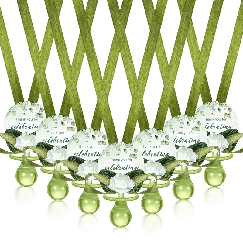 Coume 36 Pcs Sage Green Baby Shower Favors Acrylic Pacifier Necklace Thank You Gift Bulk with Cards for Guests Prizes Baby Shower Games Favors - Image 2