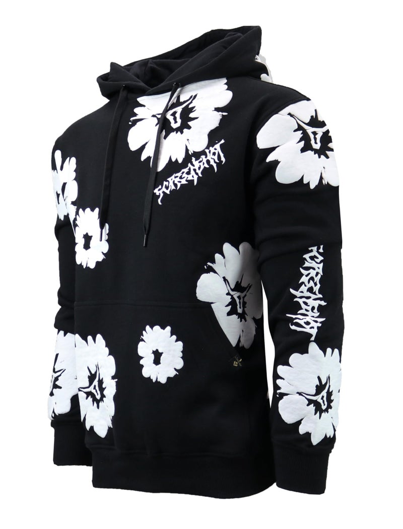 SCREENSHOT SCREENSHOT-H11510 Mens Urban Hip Hop Premium Streetwear Overzise Fit Fleece Hoodie Logo Flower High Density Puff Print Fashion Pullover Sweatshirt-Black/White-Medium - Image 1