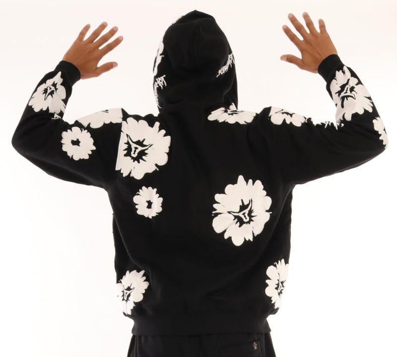 SCREENSHOT SCREENSHOT-H11510 Mens Urban Hip Hop Premium Streetwear Overzise Fit Fleece Hoodie Logo Flower High Density Puff Print Fashion Pullover Sweatshirt-Black/White-Medium - Image 4