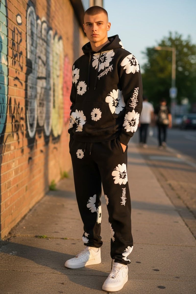 SCREENSHOT SCREENSHOT-H11510 Mens Urban Hip Hop Premium Streetwear Overzise Fit Fleece Hoodie Logo Flower High Density Puff Print Fashion Pullover Sweatshirt-Black/White-Medium - Image 2