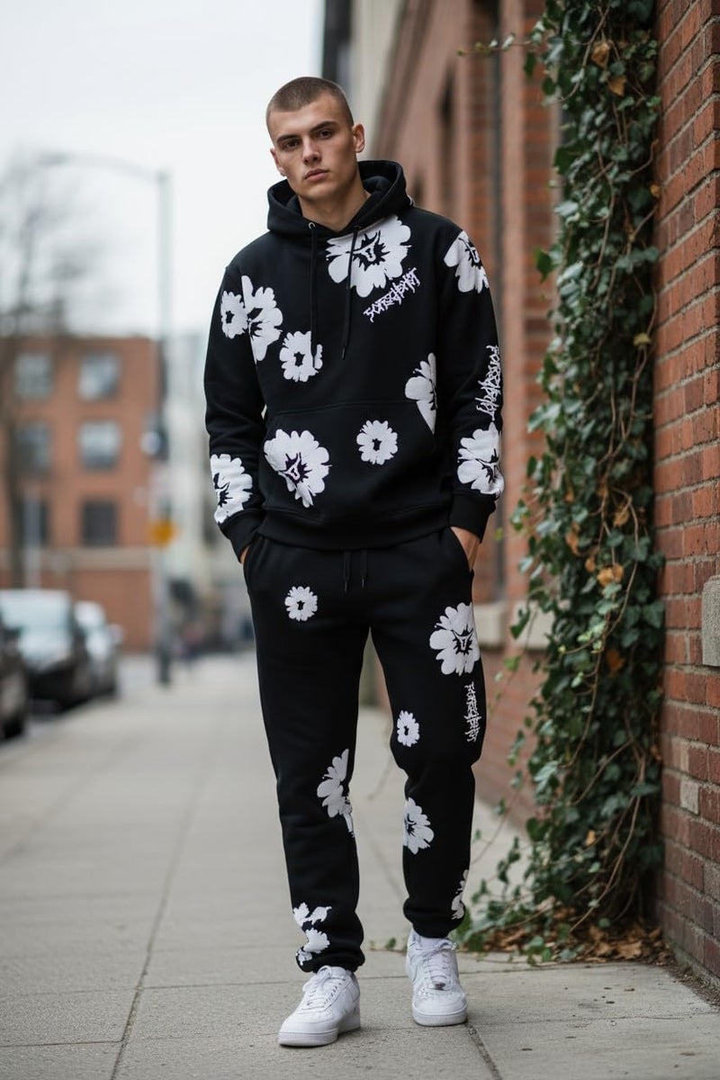 SCREENSHOT SCREENSHOT-H11510 Mens Urban Hip Hop Premium Streetwear Overzise Fit Fleece Hoodie Logo Flower High Density Puff Print Fashion Pullover Sweatshirt-Black/White-Medium - Image 3