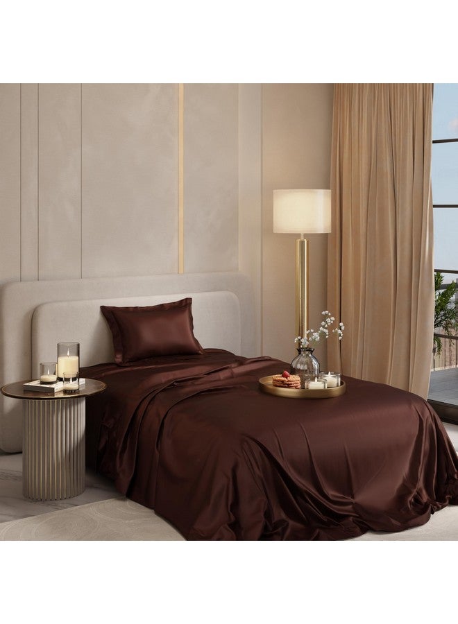 Stoa Paris ستوى باريس 300 TC ملاءة سرير ساتان مفرد مع أغطية وسائد، مجموعة بياضات فاخرة من الساتان، هدايا للنساء، الأزواج، الزفاف، تأثيث غرفة النوم، مجموعة ليلة المواعدة - شوكولاتة ساخنة - Image 1