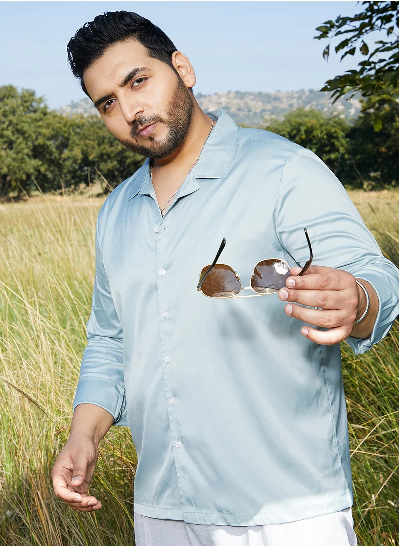 Instafab Plus Instafab Plus Men's Sage Green Solid Cuban Shirt For Casual Wear | Cuban Collar | Long Cuffed Sleeves | Button Closure | Plus Size Shirt Crafted With Comfort Fit For Everyday Wear