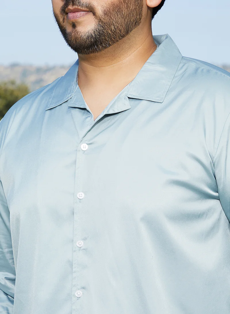 Instafab Plus Instafab Plus Men's Sage Green Solid Cuban Shirt For Casual Wear | Cuban Collar | Long Cuffed Sleeves | Button Closure | Plus Size Shirt Crafted With Comfort Fit For Everyday Wear