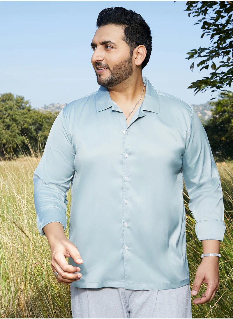 Instafab Plus Instafab Plus Men's Sage Green Solid Cuban Shirt For Casual Wear | Cuban Collar | Long Cuffed Sleeves | Button Closure | Plus Size Shirt Crafted With Comfort Fit For Everyday Wear