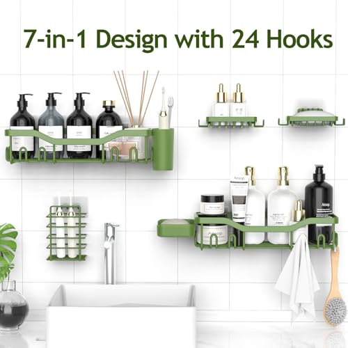NESOMI Shower Caddy Adhesive Shower Organizer 7-Pack, Rustproof Stainless Steel Bathroom Shelves, Large Capacity No-Drill Rack Storage Accessories with Soap Dish Toothbrush Holder Hooks - Image 4